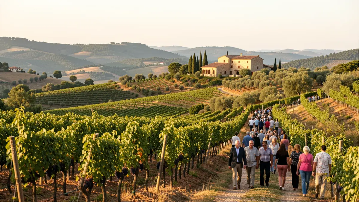 Paisatge de vinyes amb una masia històrica al Baix Penedès.