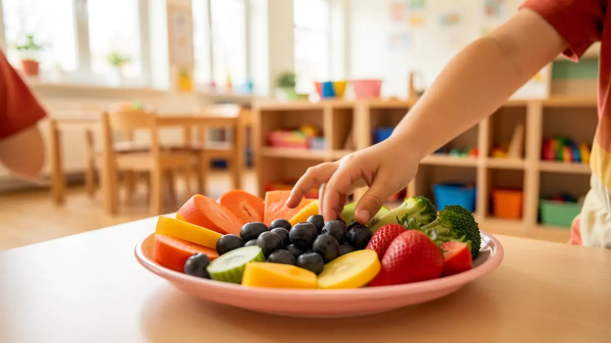 Imagen genérica de fruta y verdura fresca servida en un plato para niños.