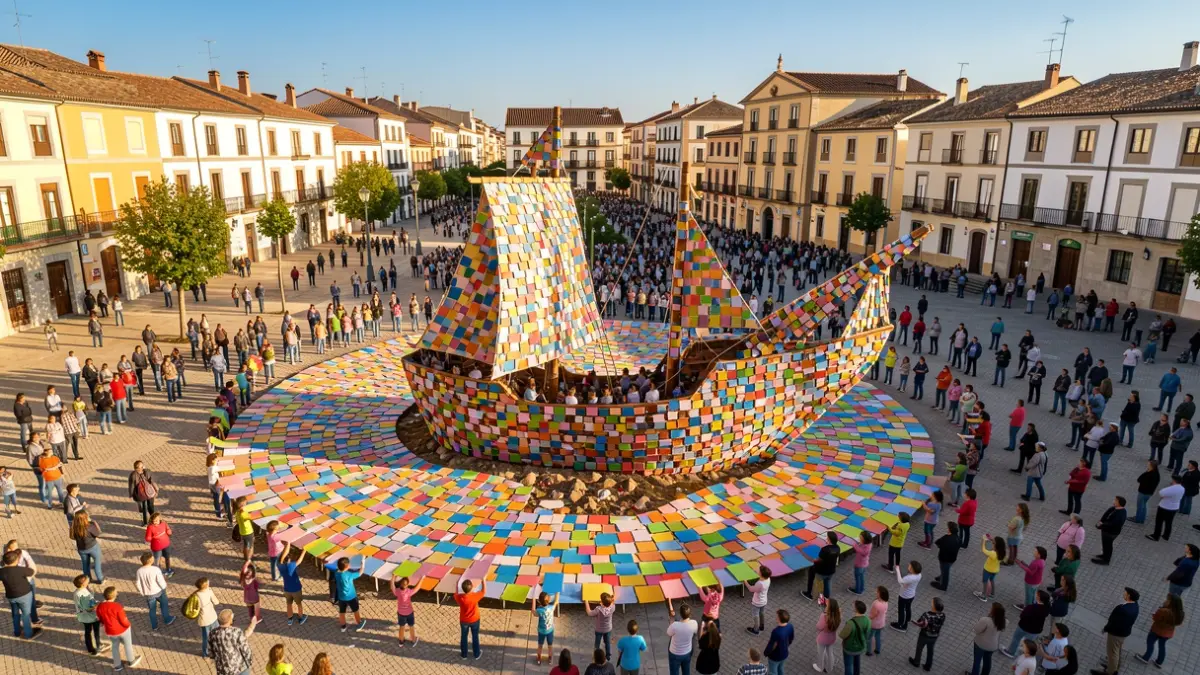 Vista aèria d'un gran mosaic amb forma de nau galeria, creat per centenars d'infants sostenint cartolines de colors, a la Plaça del Mercadal de Reus.