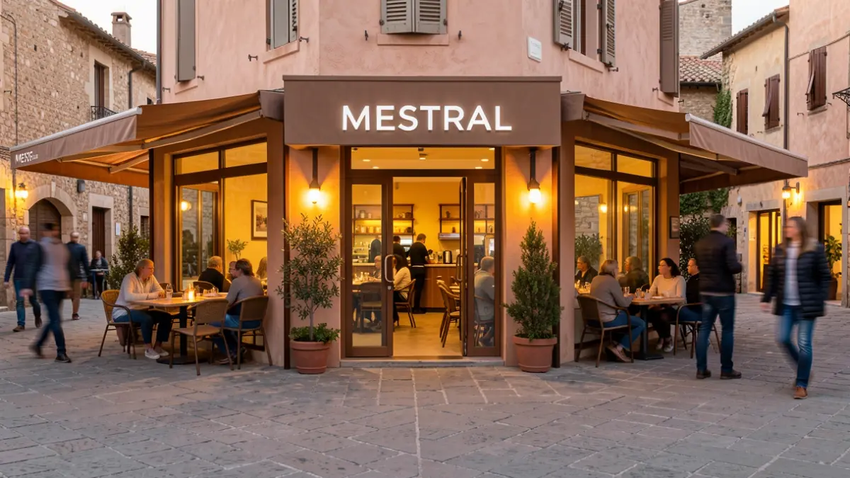 Generic image of a modern restaurant in a Mediterranean town square.