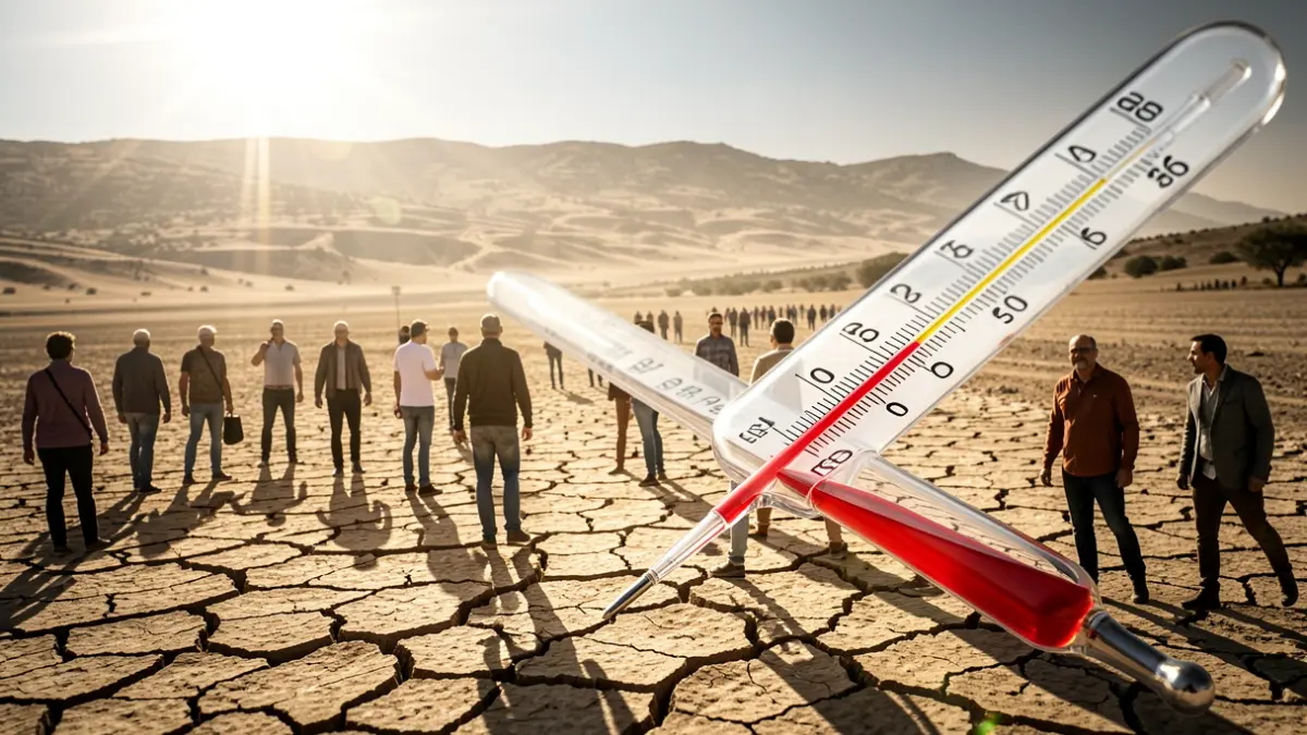 Thermometer showing extreme temperatures on dry ground.