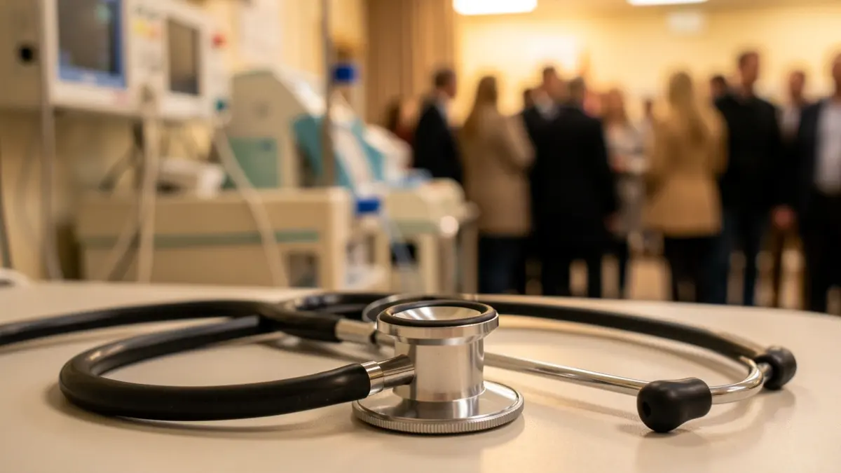 Imatge genèrica d'un estetoscopi mèdic sobre un fons hospitalari difuminat.