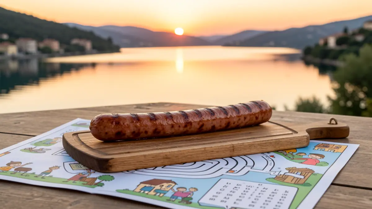 Botifarra servida en una taula amb jocs davant l'Estany de Banyoles al capvespre.