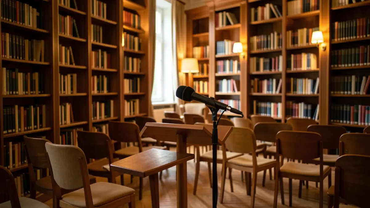 Interior d'una biblioteca amb prestatgeries de fusta i un micròfon, evocant un ambient de presentació literària.