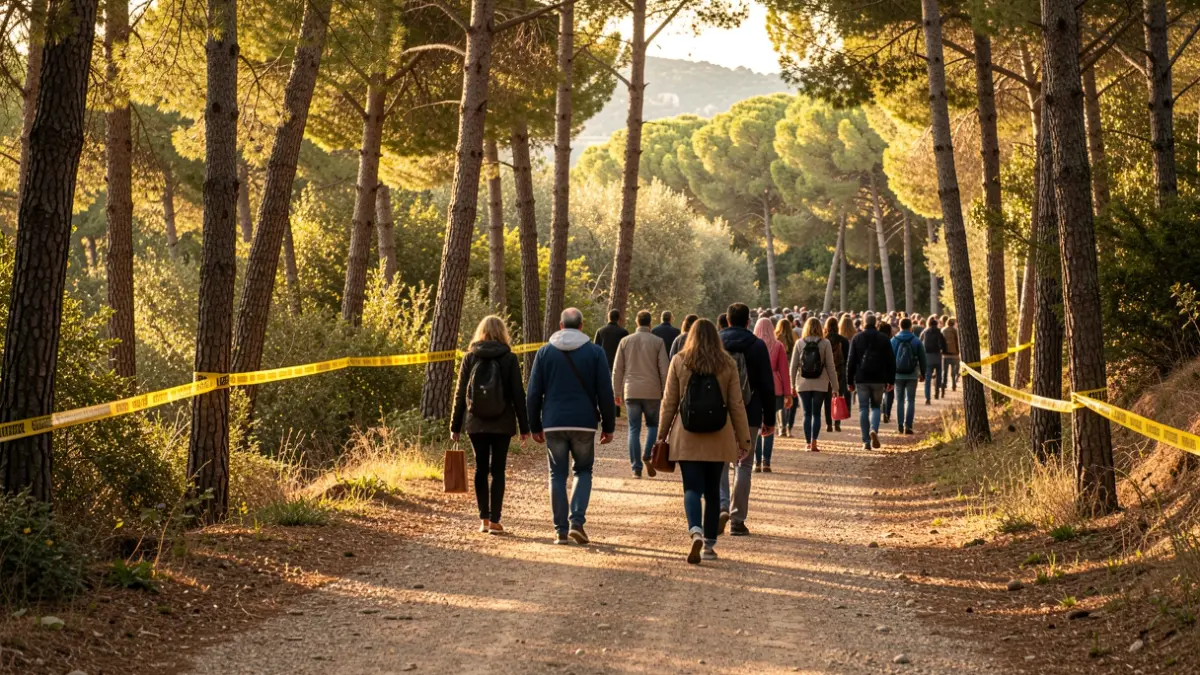 Imagen genérica de personas caminando por un parque con cintas de precaución.