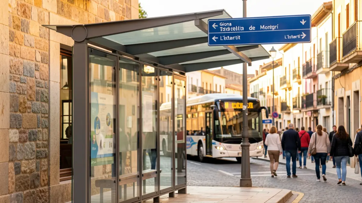 Bus stop with route signage to Girona, Torroella de Montgrí, and L'Estartit.