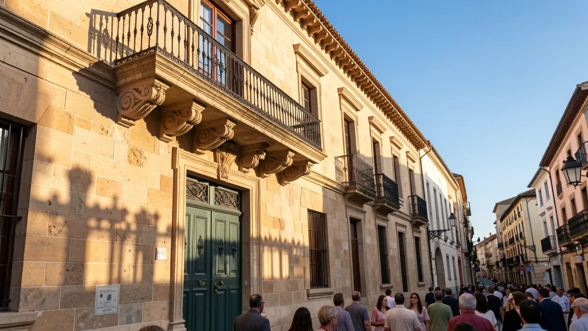 Generic image of a traditional Catalan town hall facade with a balcony and iron railings, warm afternoon light.