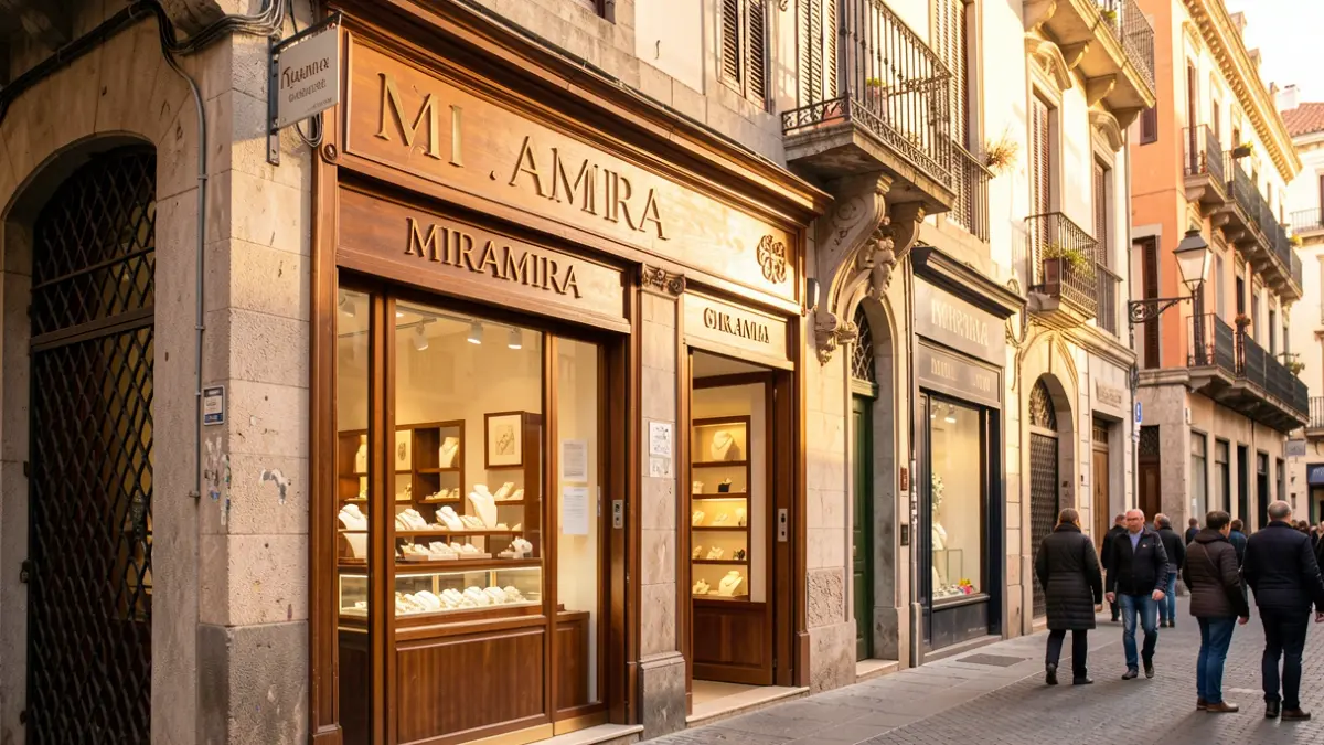 Fachada restaurada de l'antiga farmàcia de la Estrella al barri Gòtic de Barcelona, ara amb la joieria Miramira.