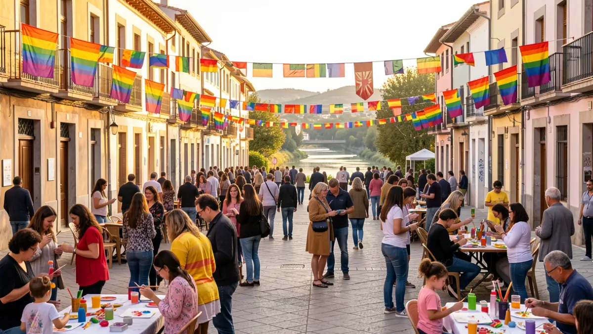 Imatge genèrica d'una plaça de poble català decorada amb banderes de l'Orgull LGBTI+ durant una celebració.