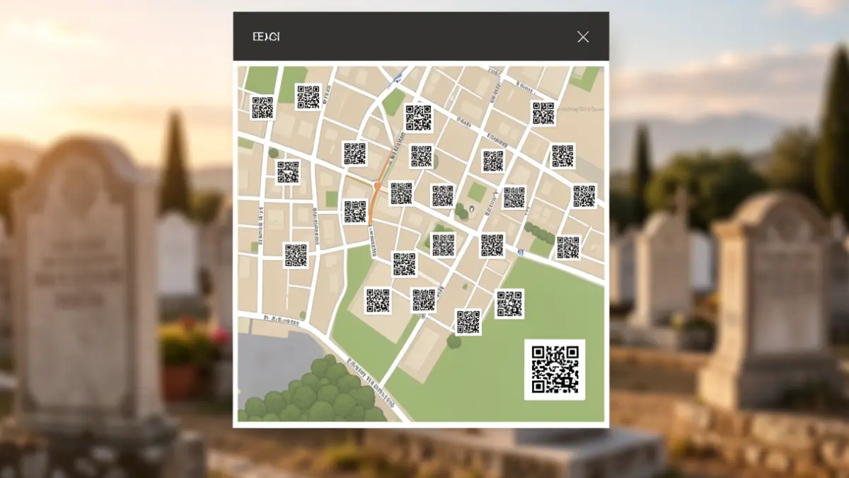 Digital interface of a cemetery map with QR codes.
