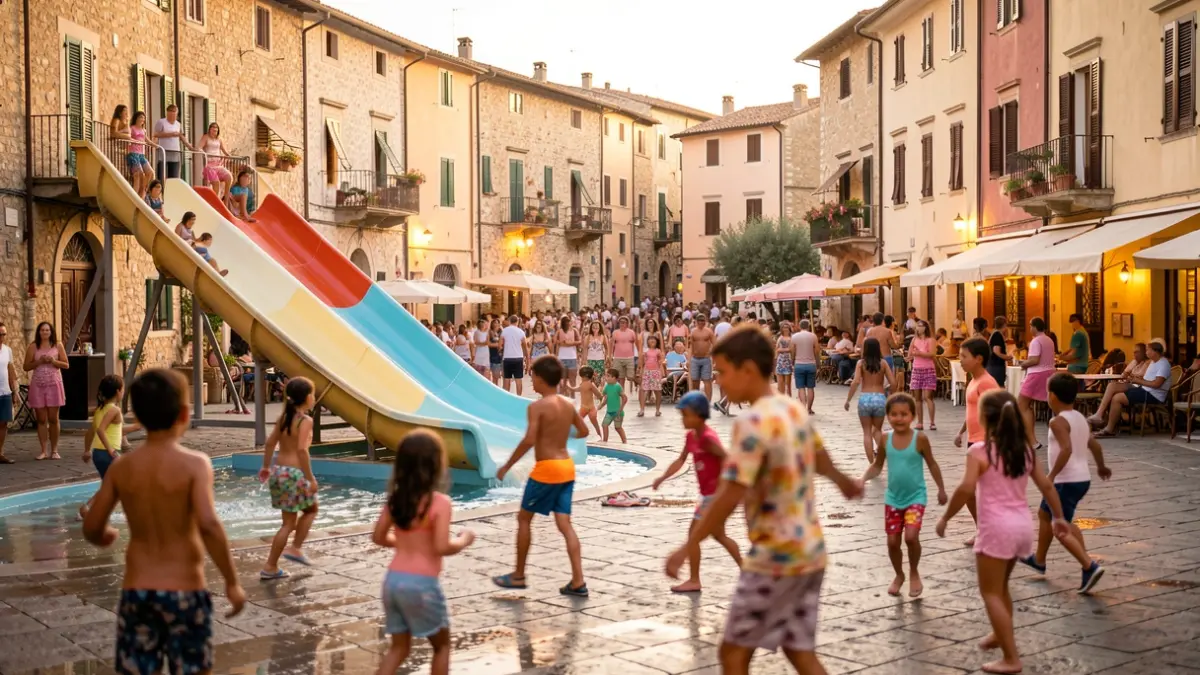 Imagen genérica de un festival de verano en una plaza de pueblo mediterráneo con actividades para jóvenes.
