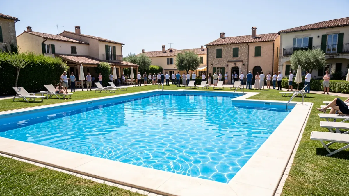 Generic image of a municipal swimming pool on a sunny day.