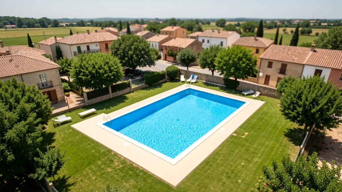 Imatge genèrica d'una piscina municipal nova en un entorn rural.