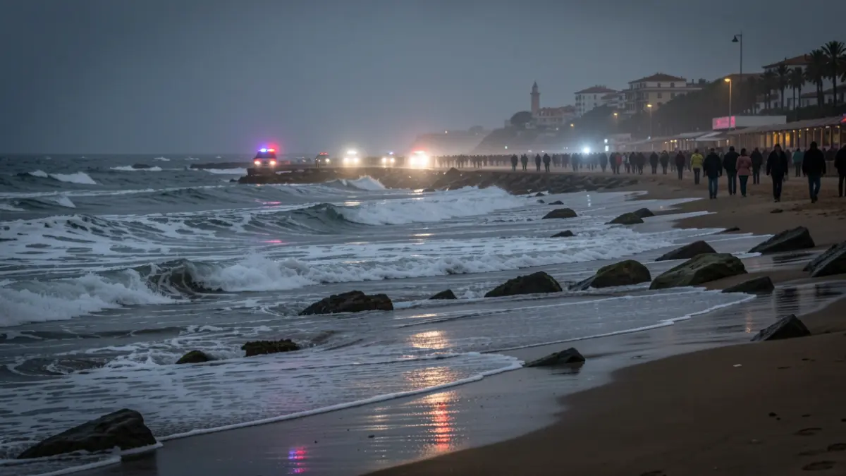 Imagen genérica de una playa mediterránea con oleaje fuerte y luces de emergencia.