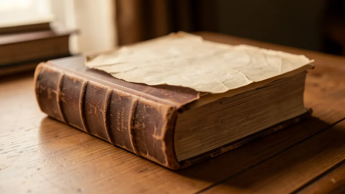 Imatge genèrica d'un llibre antic obert sobre una taula de fusta.