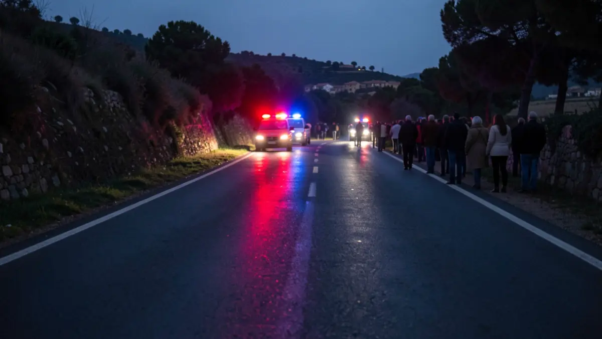 Generic image of a wet road with emergency lights.