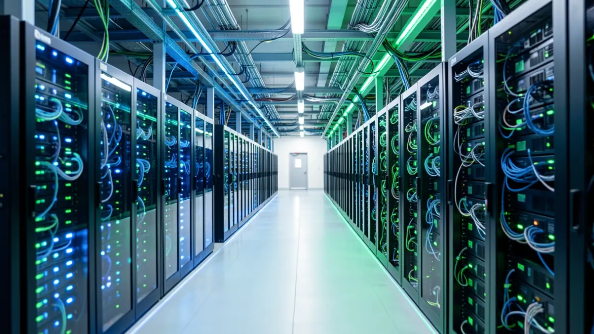 Generic image of a data center with illuminated servers.