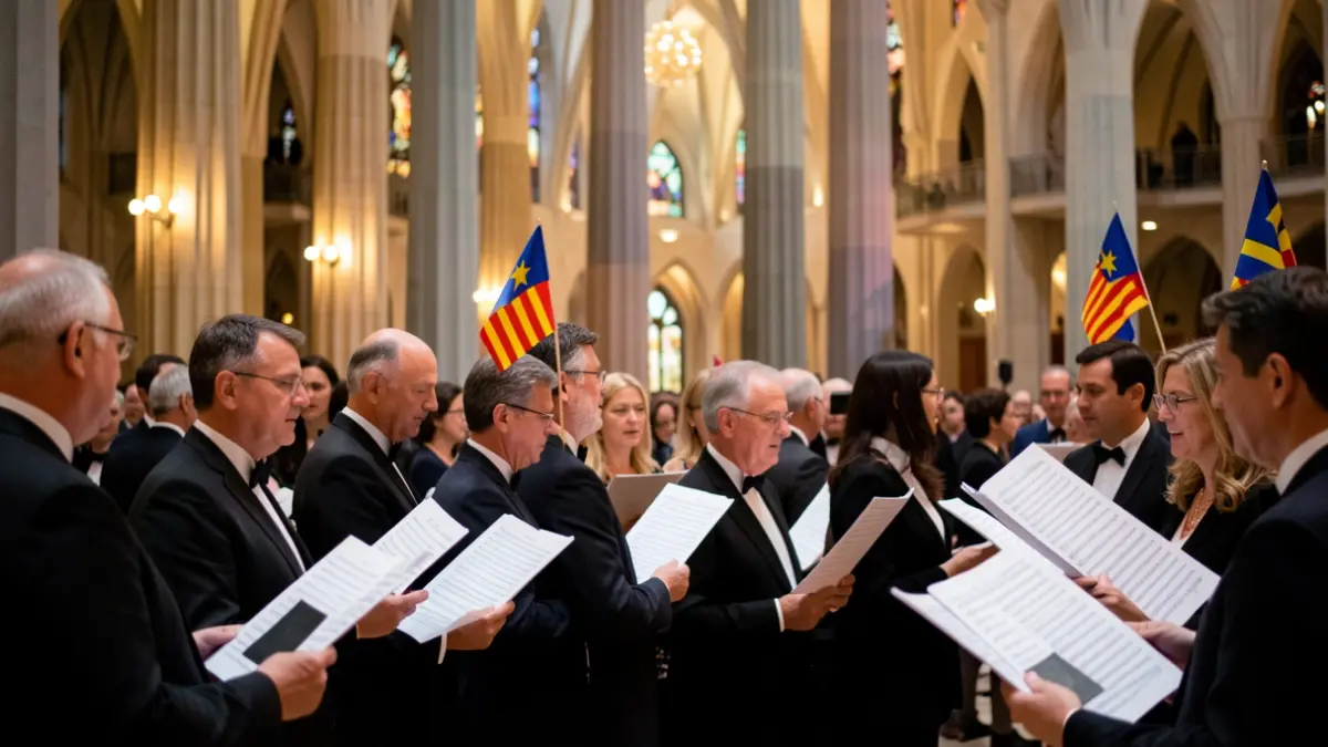 Generic image of singers with estelada flags in the Sagrada Familia.