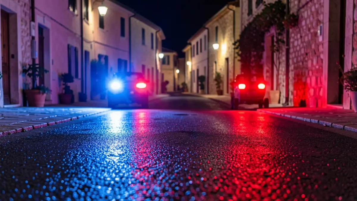 Generic image of police emergency lights reflecting on wet asphalt at night.