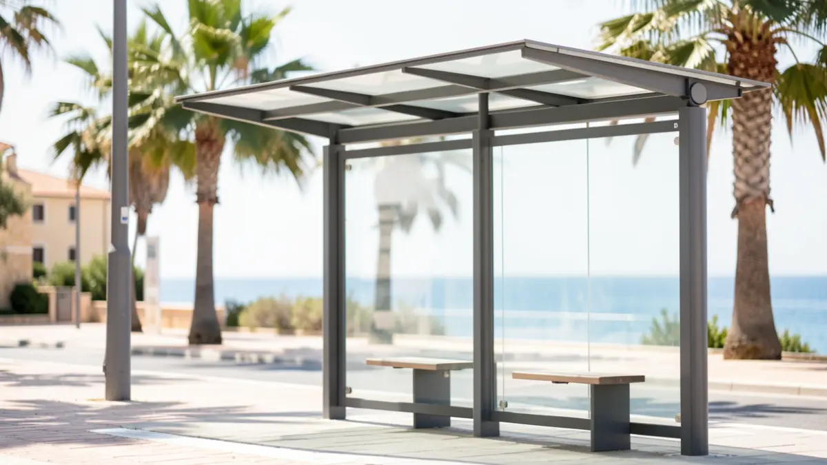 Parada d'autobús moderna a la Costa Brava amb cel blau i mar al fons.