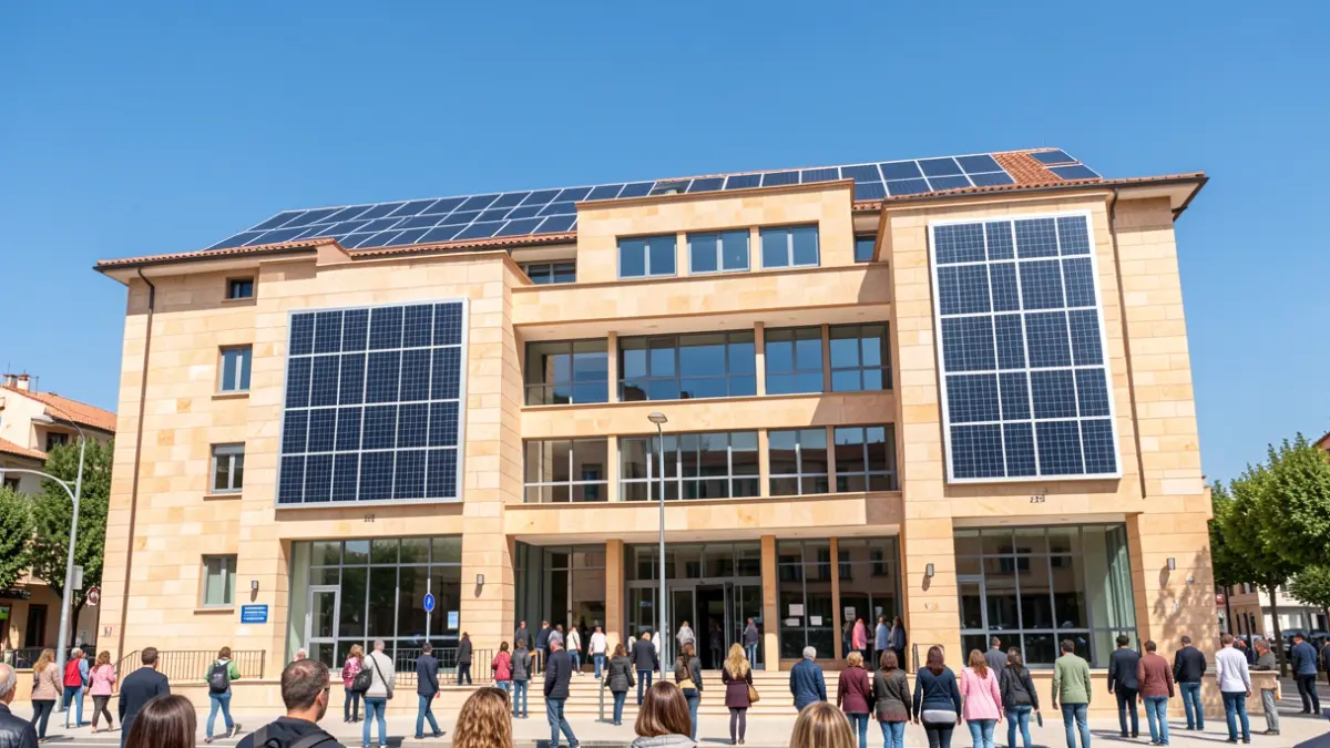 Image of the new facade of the MútuaTerrassa University Hospital with photovoltaic panels.