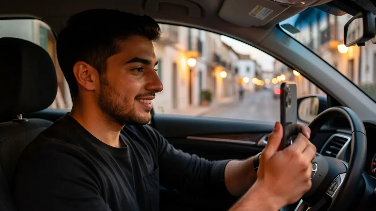 Young man recording a TikTok video inside a car.