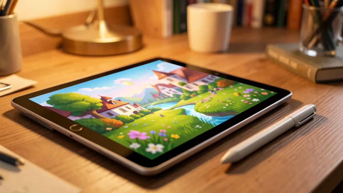 Generic image of a digital tablet displaying an animated landscape with a stylus.