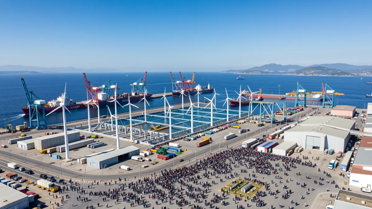 Vista aèria d'un port industrial amb infraestructures per a l'energia eòlica marina.