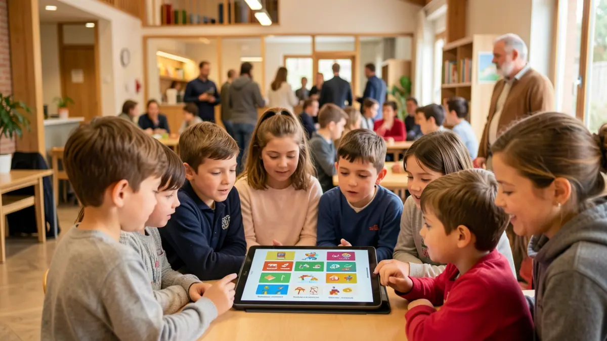 Generic image of children and parents using a tablet to search for extracurricular activities.