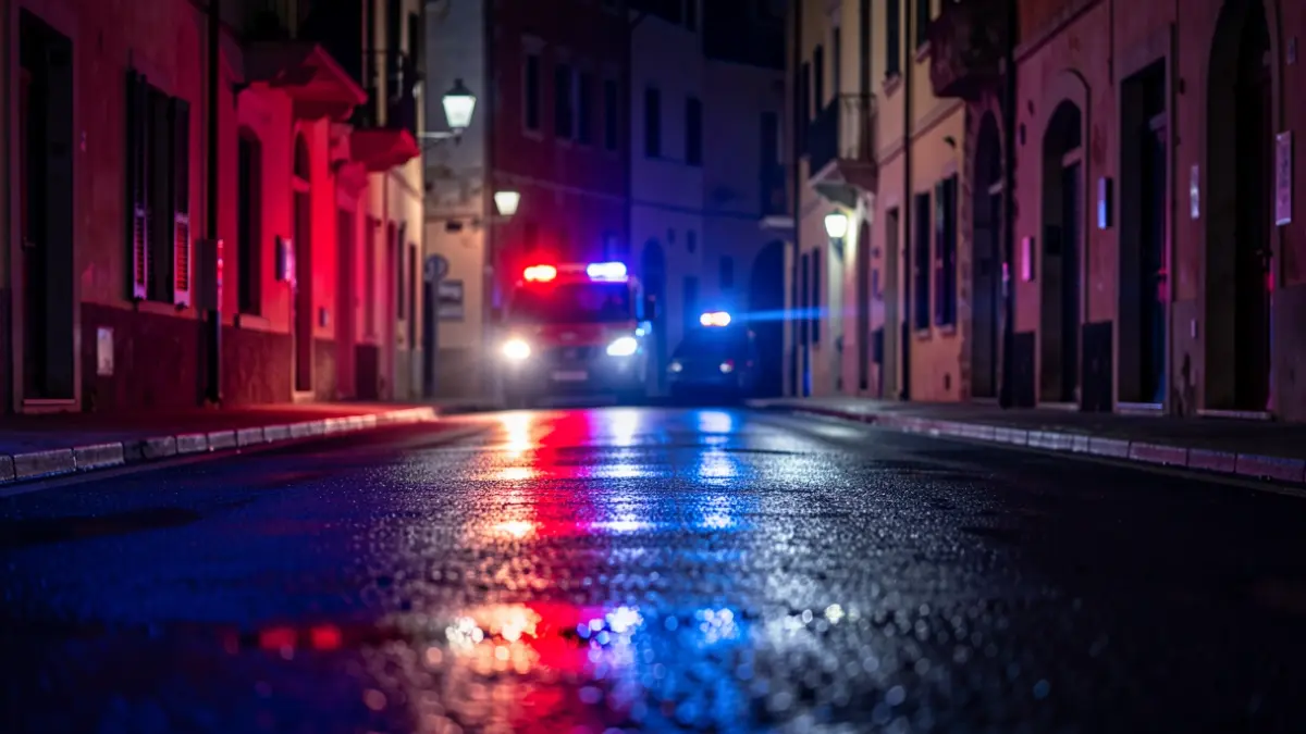 Imatge genèrica de llums d'emergència reflectint-se en asfalt mullat a la nit.
