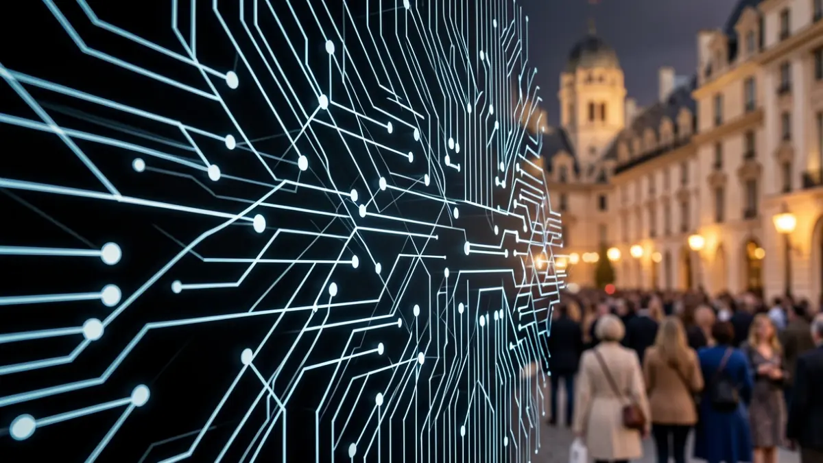 Representació abstracta de la intel·ligència artificial amb elements arquitectònics europeus difuminats.