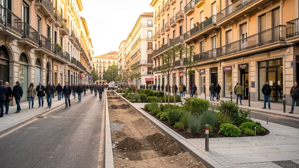 Generic image of urban works with sidewalk expansion and green areas.