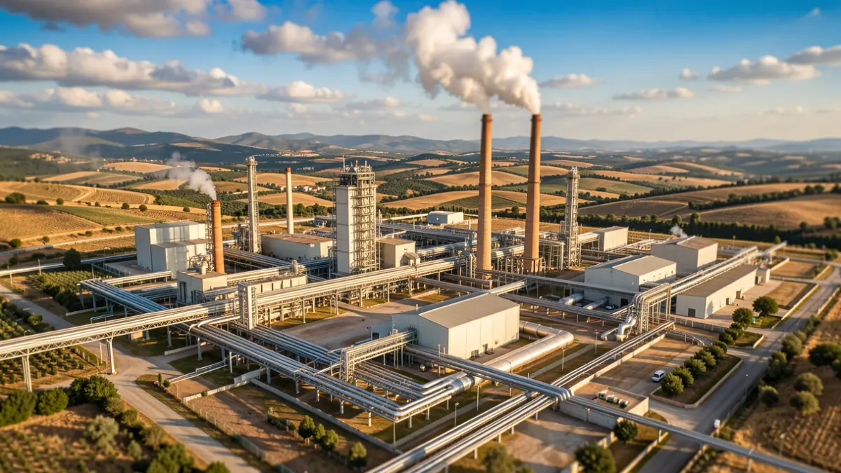 Aerial view of an industrial complex in Camp de Tarragona during the afternoon sun.