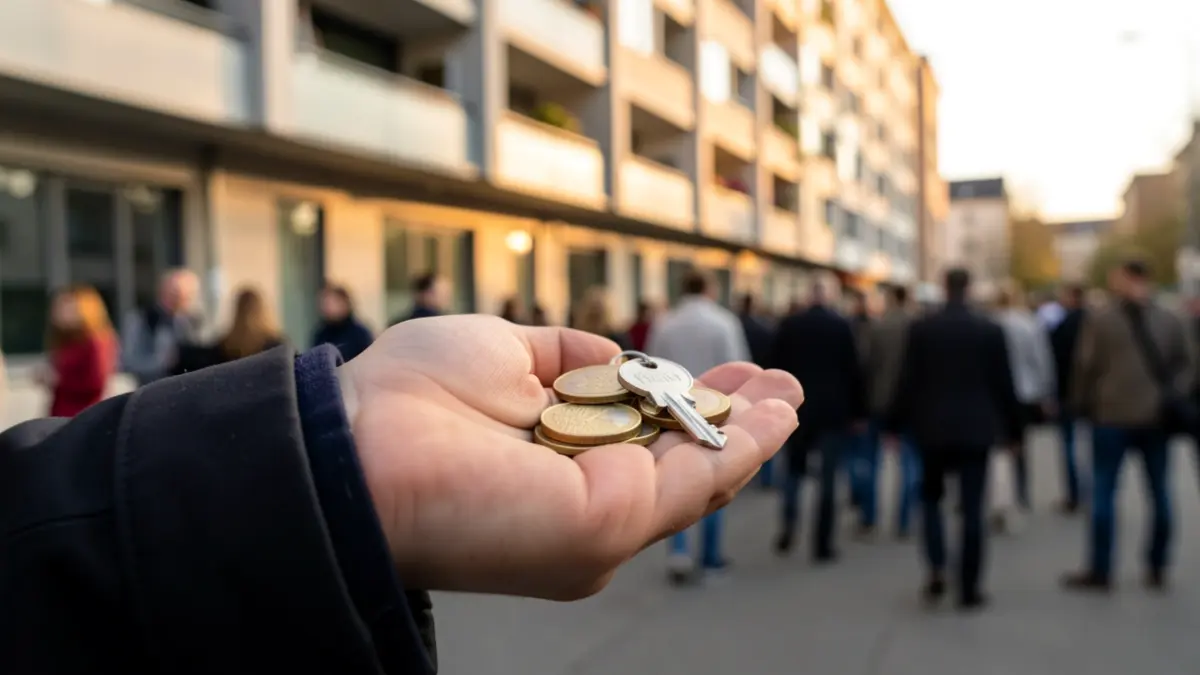 Generic image of hands with coins and a key in front of a building.