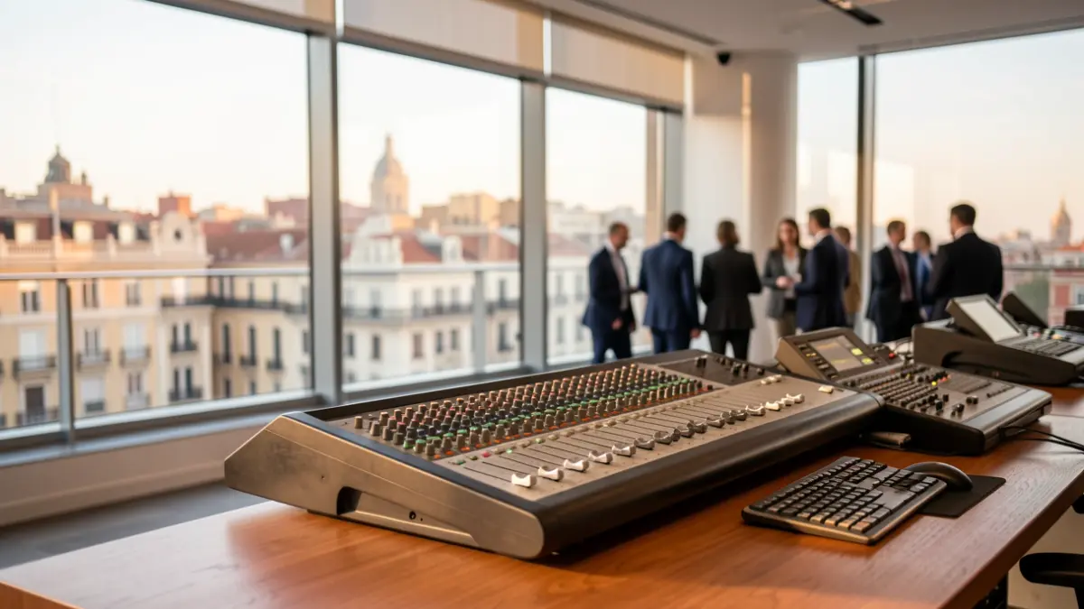 Oficina moderna en Barcelona con equipamiento audiovisual.