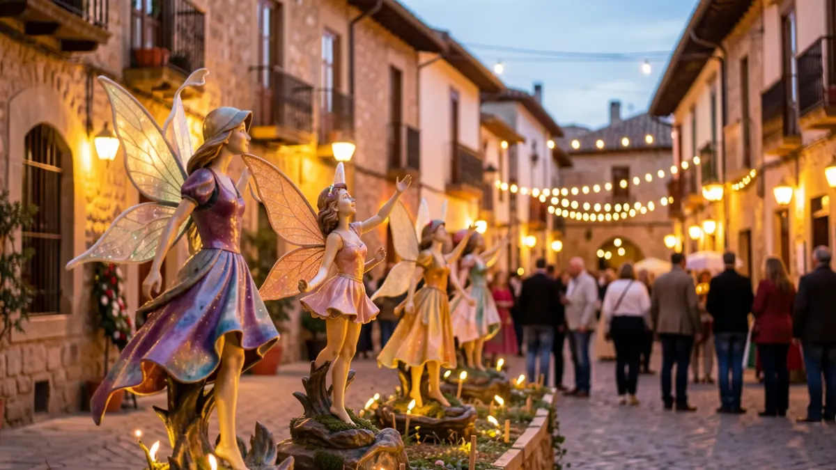 Imatge genèrica de diverses escultures de fades il·luminades al centre històric de Balaguer durant la Nit de les Fades.