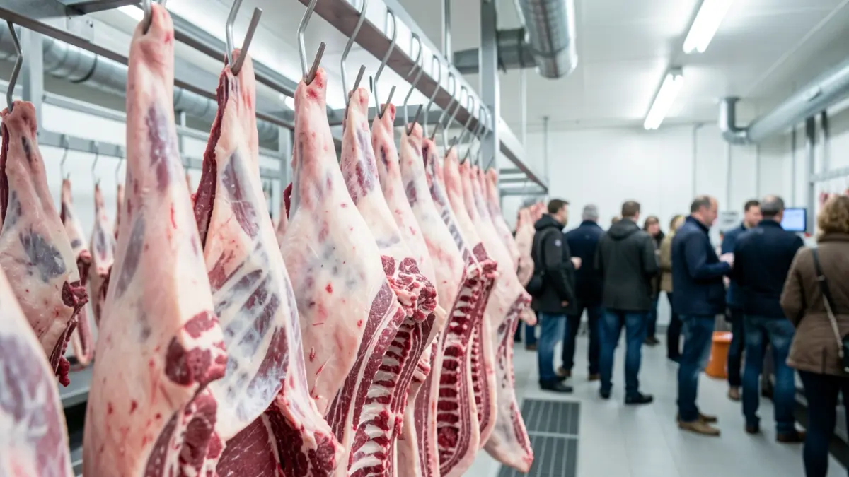 Imagen de una sala de despiece de carne con canales colgadas.
