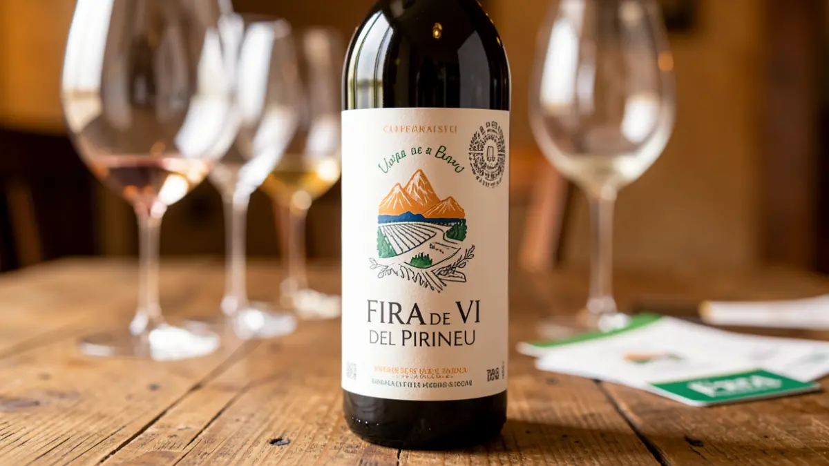 Ampolla commemorativa de la Fira de Vi del Pirineu amb copes i tiquets de degustació.