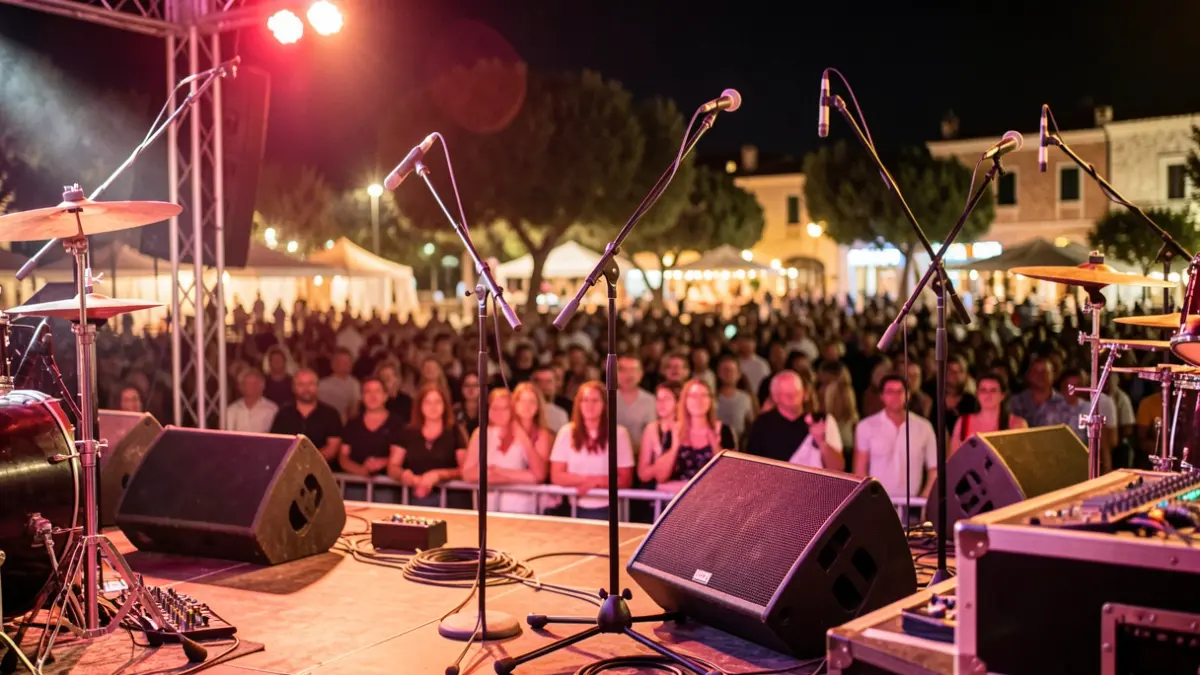 Music festival stage with professional lighting and blurred audience in the background.