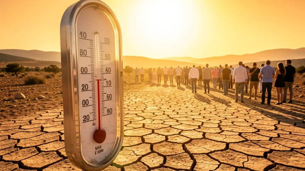 Termómetro marcando una temperatura extremadamente alta sobre tierra seca bajo un sol ardiente.
