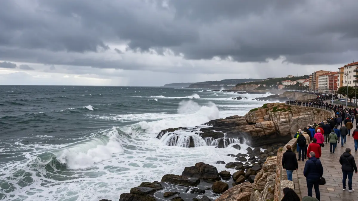 Stormy sea with waves crashing against the rocky coastline of Catalunya.