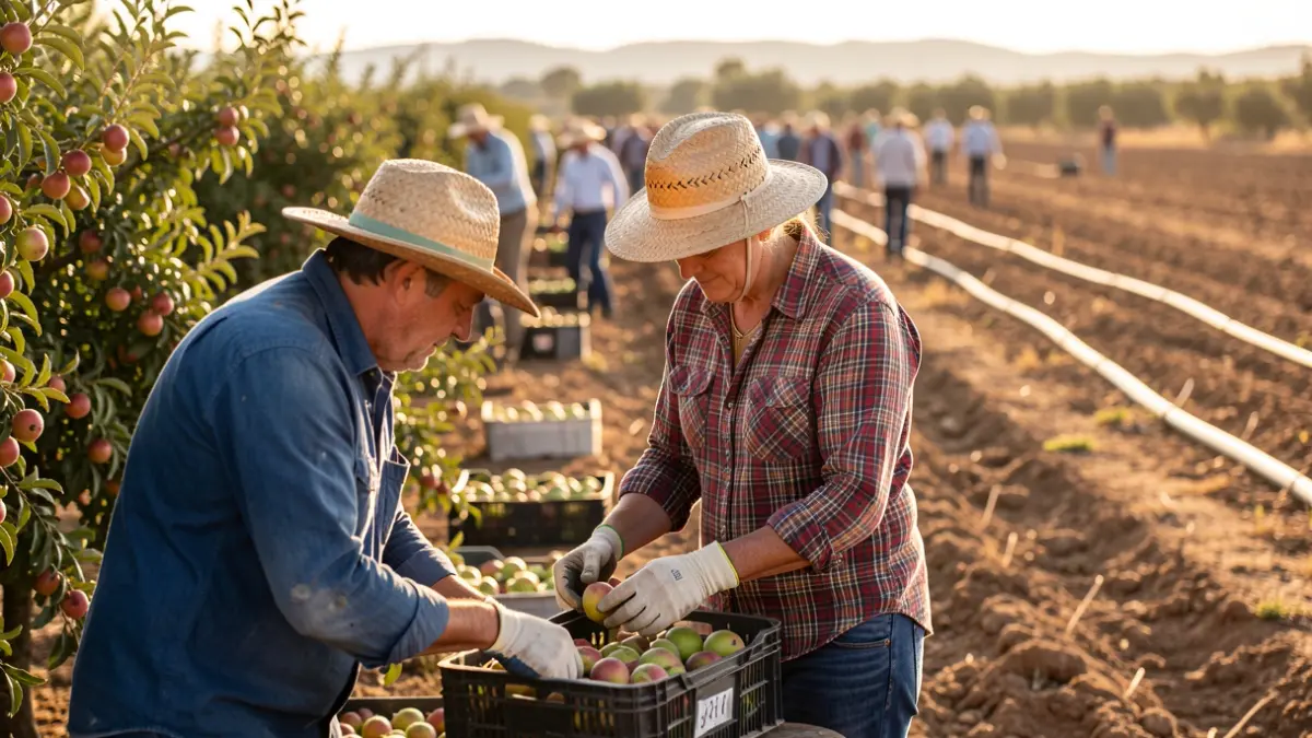 Trabajadores agrícolas recogiendo fruta bajo el sol intenso en Lleida.