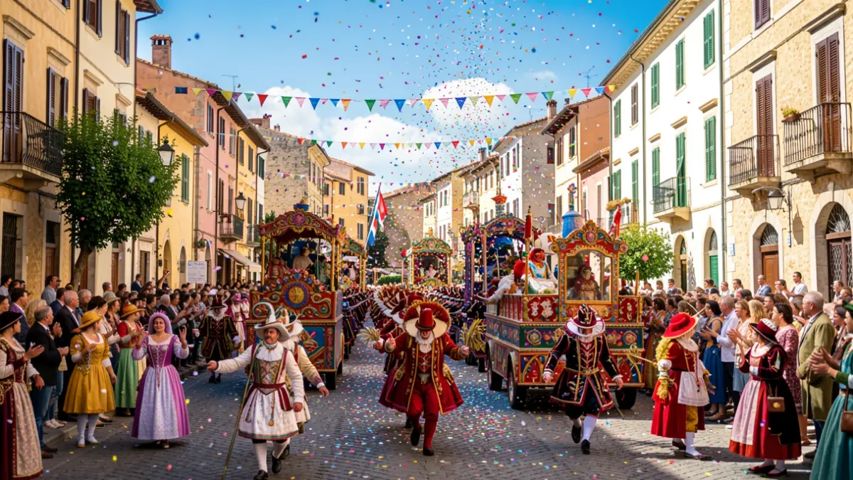 Imagen genérica de un desfile festivo con carrozas y comparsas en un pueblo mediterráneo.