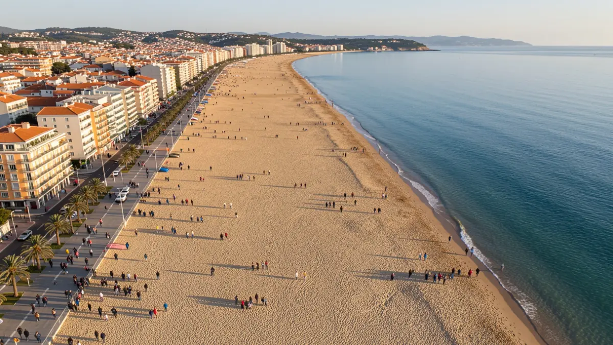 Aerial view of Palamós's Gran beach, with the urban area in the background and the beach sand.
