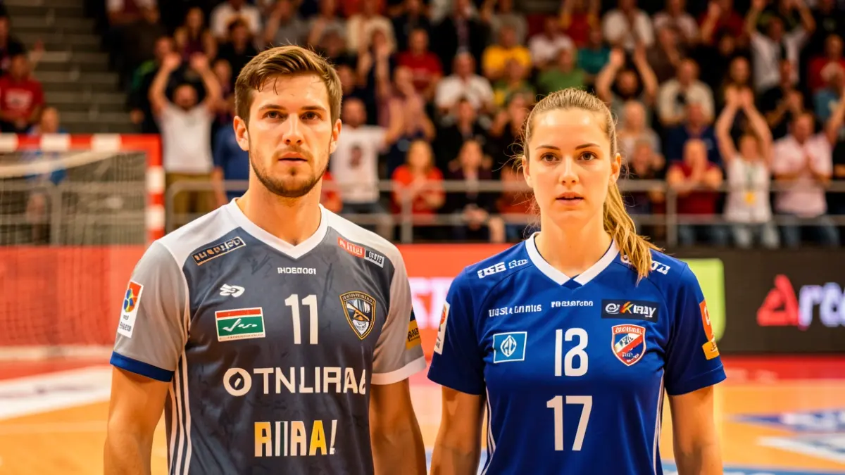 Imagen genérica de dos jugadores de balonmano, un hombre y una mujer, posando para una foto.