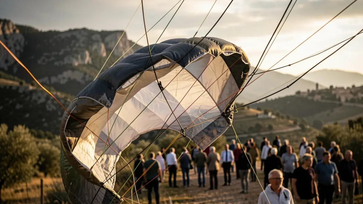 Image of a paraglider entangled in electrical wires.