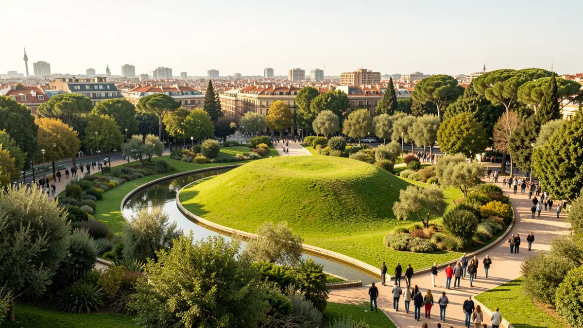 Imatge genèrica del Parc de la Trinitat a Barcelona, amb el seu turó i canal.
