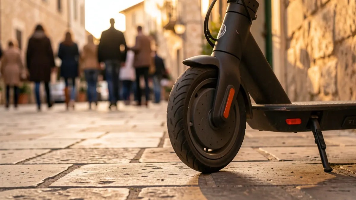 Imagen genérica de un patinete aparcado en una calle empedrada.