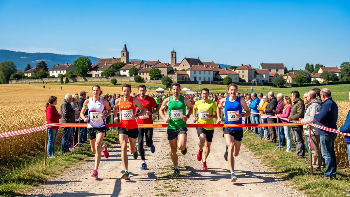 Generic image of runners crossing a finish line in a rural setting.