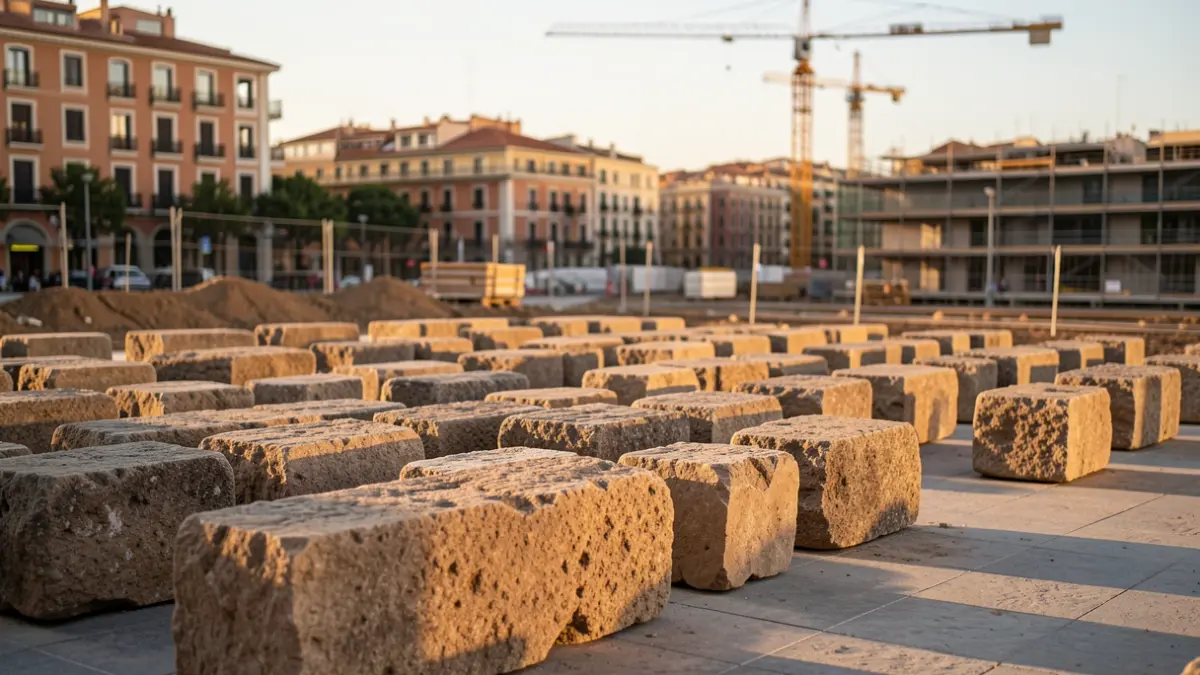 Pedres de les antigues pedreres de Montjuïc emmagatzemades a prop de la plaça de les Glòries de Barcelona.